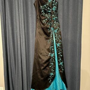 Blonde Black and Teal Floral Dress with tulle underneath